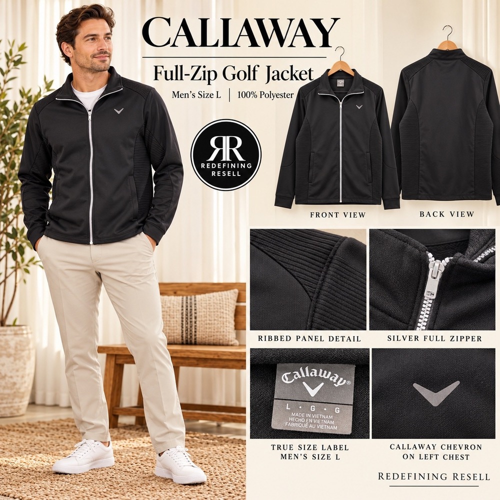 Callaway Mens Full Zip Golf Jacket Black Ribbed Panel Mock Neck Size L L01424